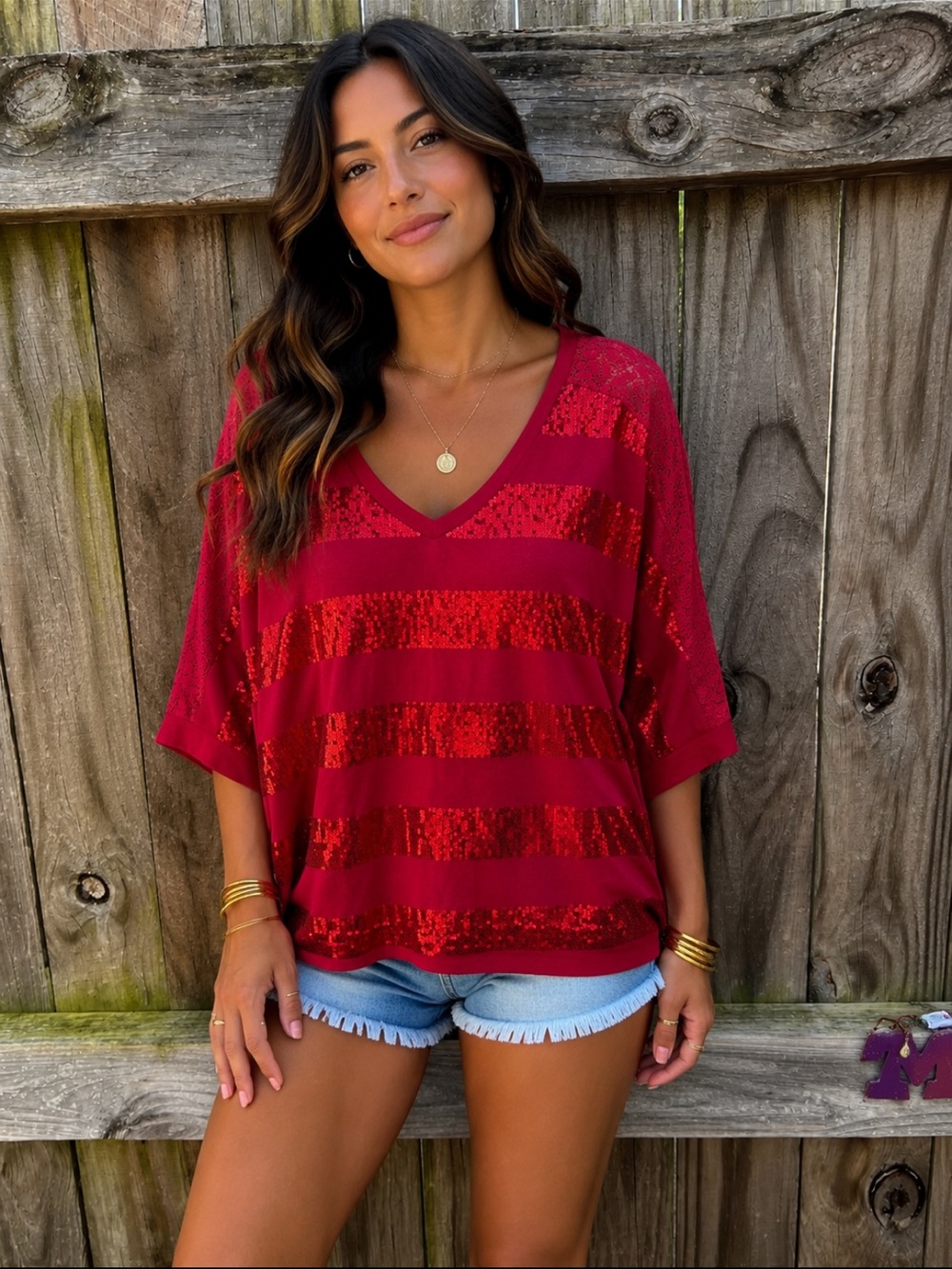 👗Only Sky Red Sequin Stripe V-Neck Top